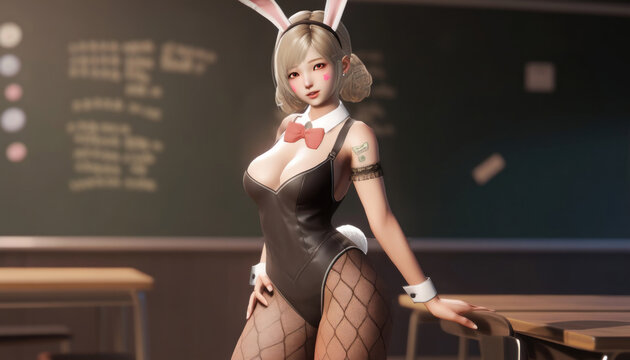 Anime, sexy girl in a cosplay outfit with bunny ears, portrait with a curvaceous figure in a latex bodysuit at a desk at school. Created with AI.