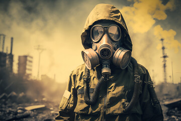 A man in a protective suit and gas mask after a nuclear explosion, Generative AI 1