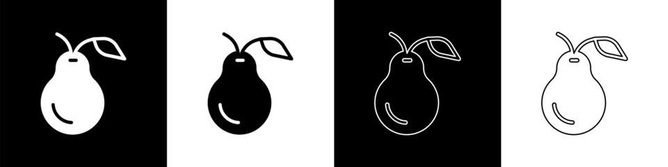 Set Pear icon isolated on black and white background. Fruit with leaf symbol. Vector