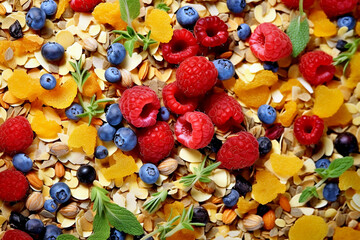Fototapeta na wymiar Muesli background, cereals and berries. Close-up photography. Generative AI