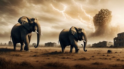 Big elephants against the background of an atomic bomb explosion in a post-apocalyptic city. Generative AI