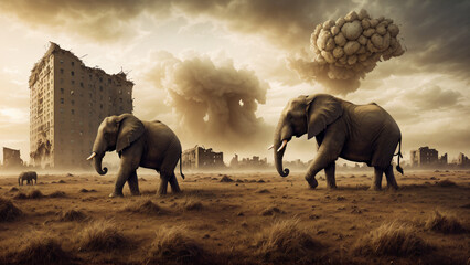 Fototapeta na wymiar Big elephants against the background of an atomic bomb explosion in a post-apocalyptic city. Generative AI