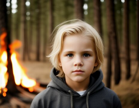 A young blond boy in the woods with camp fire in the background, created with generative AI