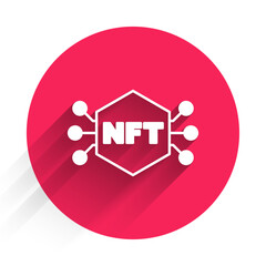 White NFT Digital crypto art icon isolated with long shadow background. Non fungible token. Red circle button. Vector