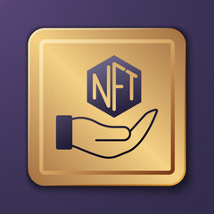 Purple NFT Digital crypto art icon isolated on purple background. Non fungible token. Gold square button. Vector