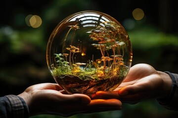 Close up of human hands holding glass globe with plant inside. Environment conservation concept