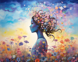 Painting of a Dreamy Girl Amidst Blossoming Field, Generative AI