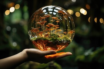 Close up of human hands holding glass globe with plant inside. Environment conservation concept