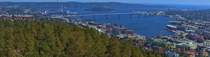 Panoramic view of Sundsvall from the observation tower on the hill Norra stadsberget, Sweden,...