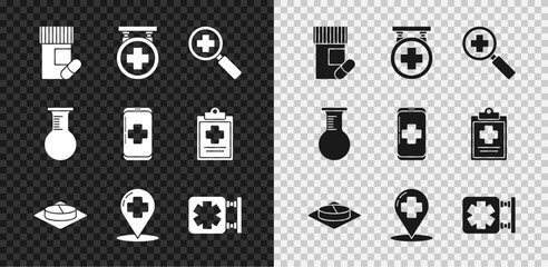Set Medicine bottle and pills, Magnifying glass for search medical, tablet, Map pointer with cross hospital, Medical symbol of the Emergency, Test tube flask and mobile phone call to icon. Vector