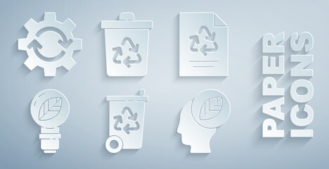 Set Recycle bin with recycle, Paper, Light bulb leaf, Human head inside, and Gear and arrows as workflow icon. Vector