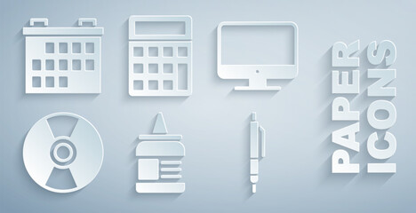Set Glue, Computer monitor screen, CD DVD disk, Pen, Calculator and Calendar icon. Vector