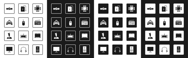 Set Processor with microcircuits CPU, Computer mouse, Wireless gamepad, Smartwatch, Radio antenna, Power bank charge cable, Laptop and Joystick for arcade machine icon. Vector