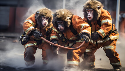 A group of monkeys in firefighter uniforms, bravely tackling a mock fire in a training scenario illustration Generative AI