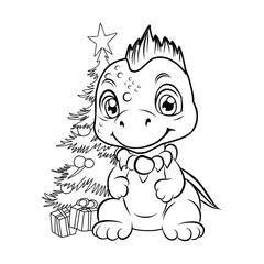 Christmas Dragon near the Christmas tree.Simple line illustration for coloring.Dragon year 2024 coloring page.