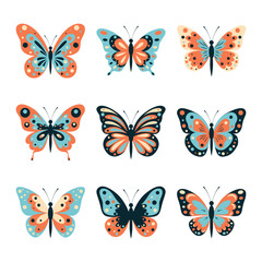 Flat Vector Butterfly Icon Set Isolated. Multicolored Butterflies Collection with Different Wings. Decorative Design Elements. Vector illustration