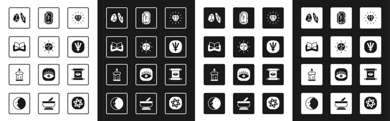 Set Diamond, Sun, Ancient magic book, Magic stone, Neptune planet, runes, scroll and Burning candle icon. Vector