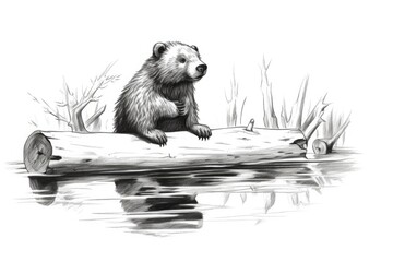 Cute Beaver drawing on white background - generative AI - obrazy, fototapety, plakaty