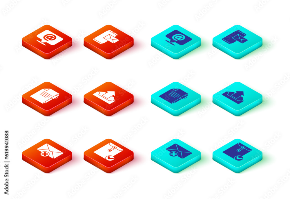 Poster set delete envelope, envelope and check mark, document pen, upload inbox, mobile and mail e-mail on 