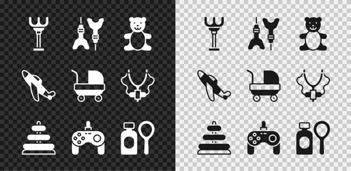 Set Rake toy, Dart arrow, Teddy bear plush, Pyramid, Gamepad, Soap bubbles bottle, Toy plane and Baby stroller icon. Vector © Vadim