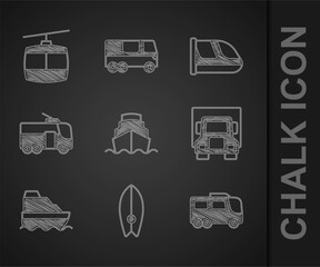 Set Cruise ship, Surfboard, Bus, Delivery cargo truck, Trolleybus, Train and railway and Cable icon. Vector