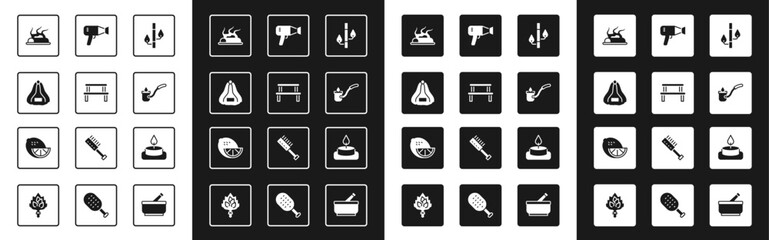 Set Bamboo, Sauna wood bench, hat, Campfire, ladle, Hair dryer, Aroma candle and Lemon icon. Vector