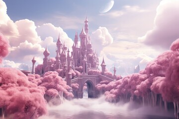 Fantasy castle in heavenly pink clouds in the sky.