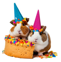 fluffy guinea pigs with a party hat sitting on a birthday cake, cute funny animals isolated on a transparant background, clipart cutout scrapbook, birthday card