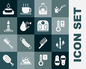 Set Sauna slippers, Bamboo, thermometer, Bottle of vodka, Water temperature, Burning candle, Aroma and Bathroom scales icon. Vector