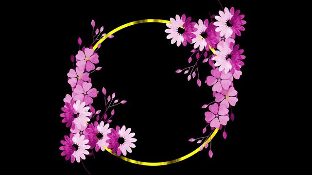 golden Frame with pink Flower With Circle Golden Frame Animation Video. Photo Frame,picture Frame With Decorative Floral Elements.luxury Golden Water Color Floral Frame Animation
