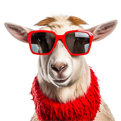 cool goat wearing red sunglasses, isolated on a transparant background, funny animals, clipart cutout scrapbook