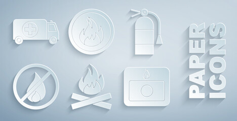 Set Campfire, Fire extinguisher, No, alarm system, flame and Ambulance and emergency car icon. Vector