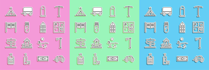 Set line Wild west covered wagon, Tomahawk axe, Treasure map, Bullet, Quiver with arrows, Saloon door, Indian teepee wigwam and Detonate dynamite bomb stick icon. Vector © Vadim