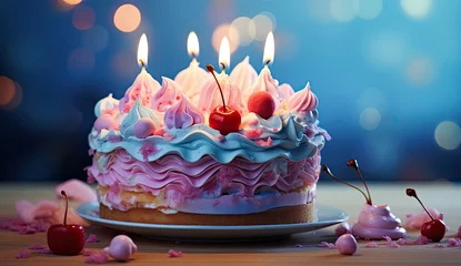 Fotobehang Birthday cake with candles on blue background.  © Photo And Art Panda