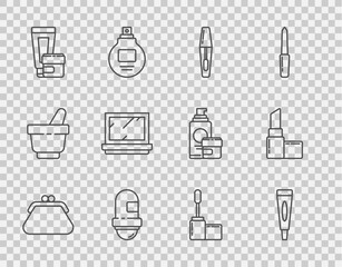 Set line Clutch bag, Cream or lotion cosmetic tube, Mascara brush, Antiperspirant deodorant roll, Makeup powder with mirror, and Lipstick icon. Vector