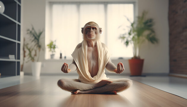 A monkey dressed as a yoga instructor, demonstrating poses in a peaceful, Zen yoga studio illustration Generative AI