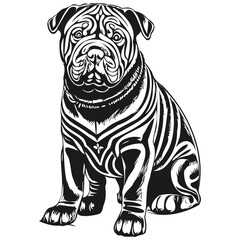 Chinese Shar Pei dog outline pencil drawing artwork, black character on white background realistic pet silhouette