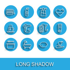 Set line Sauna bucket and ladle, Bathtub, Lemon, Apple in hand, Hair dryer, Cream or lotion cosmetic tube and Music player icon. Vector