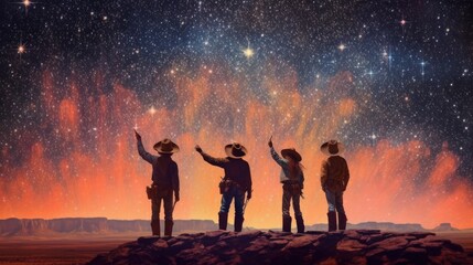 a horizontal of a Cowboys, Cowgirls celebrating under a western sunset, starry sky in a Western-themed JPG format. Generative AI