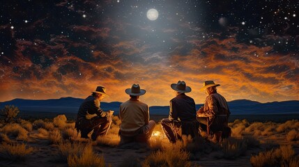 Naklejka na ściany i meble a horizontal of a Cowboys, Cowgirls celebrating under a western sunset, starry sky in a Western-themed JPG format. Generative AI