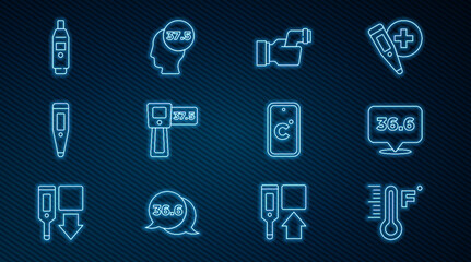 Set line Meteorology thermometer, Medical, Checking body temperature, Digital, Celsius and High human icon. Vector
