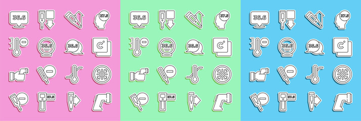 Set line Digital thermometer, Snowflake, Celsius, Medical, Meteorology, and icon. Vector