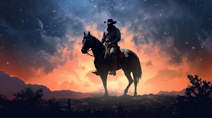 a horizontal layout, Cowboys and Cowgirls at sunset and under a starry sky a Western-themed in a JPG format. Generative AI