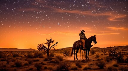 Fototapeta na wymiar a horizontal layout, Cowboys and Cowgirls at sunset and under a starry sky a Western-themed in a JPG format. Generative AI