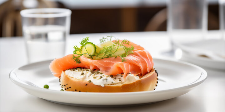 Delicious keto bagel with smoked salmon and cream cheese on a white plate. Ai generated 