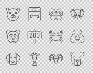 Set line Dog, Bear head, Butterfly, Giraffe, Cat, Zoo park, Head of goat or ram and Goose bird icon. Vector