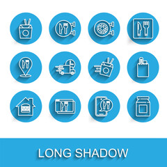 Set line Online ordering and delivery, Asian noodles chopsticks, Fast by car, and icon. Vector