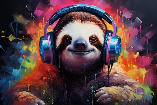 Fototapeta Sloth wearing vibrant headphones inviting into a world of delightful whimsy and musical charm