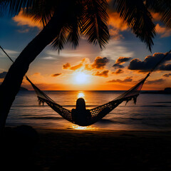 Silhouette of woman in a hammock on the beach watching a spectacular sunset. AI Generative.