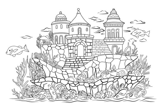 Fairytale castle by water.Underwater world.Simple line illustration for coloring book Atlantis.Coloring page.